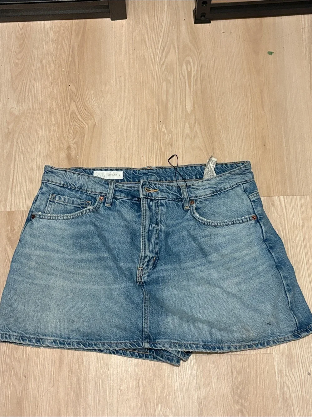 Zara Light Blue Denim Jean Skort with Tan Stitching